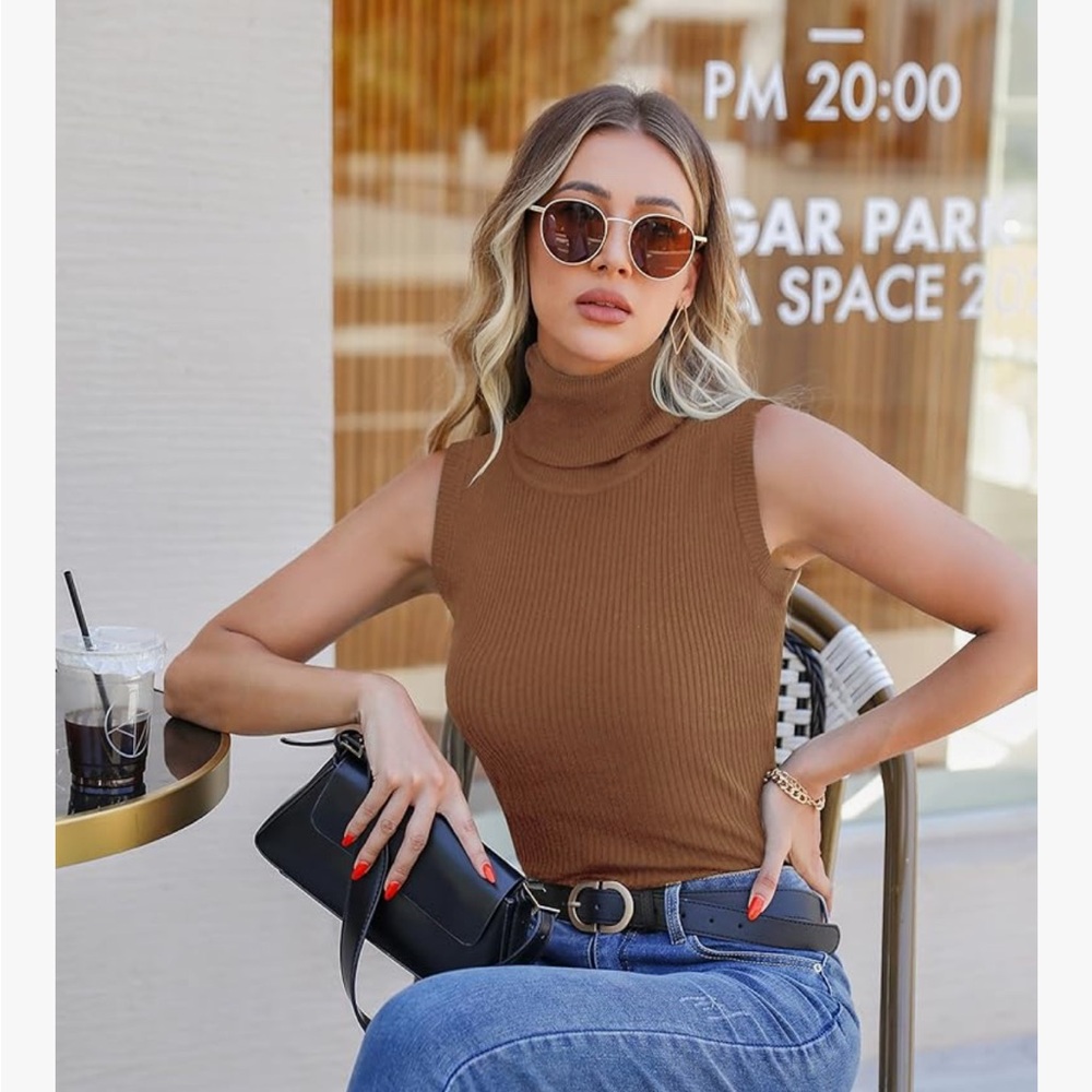 Sleeveless Brown Ribbed Top - Picture 3 of 6